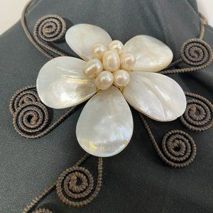 Flower mother of pearl shell and leather metal wrap around necklace